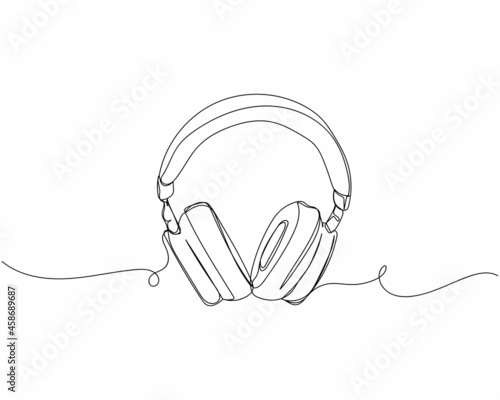 Continuous one line drawing of big headphones in silhouette on a white background. Linear stylized.Minimalist.