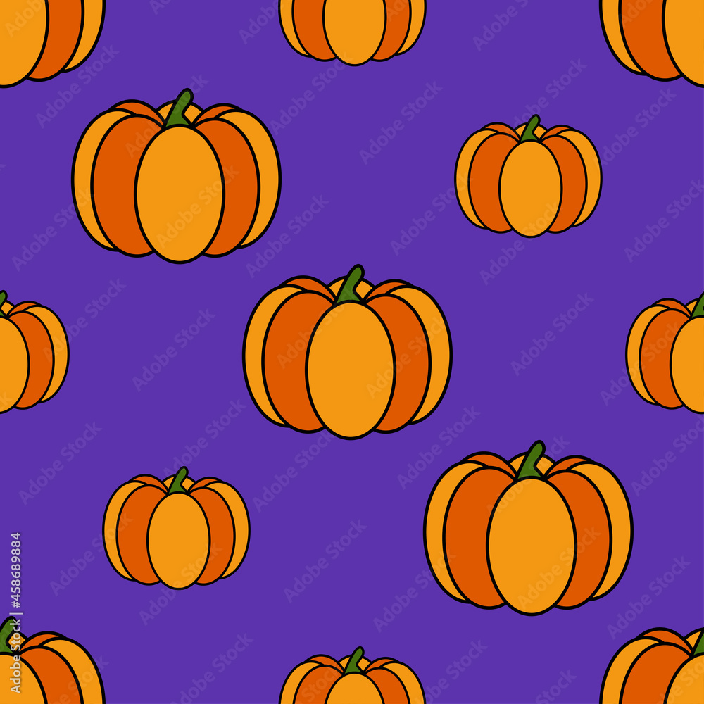 Seamless Halloween pumpkin pattern. Colorful pumpkin on purple background. Cute pattern for wrapping paper, textile prints, wallpapers.Vector illustration