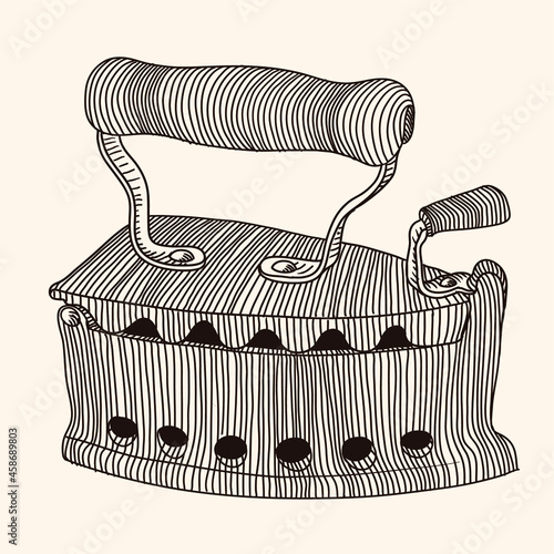 Old vintage charcoal iron with wooden handle. Hand linear sketch.