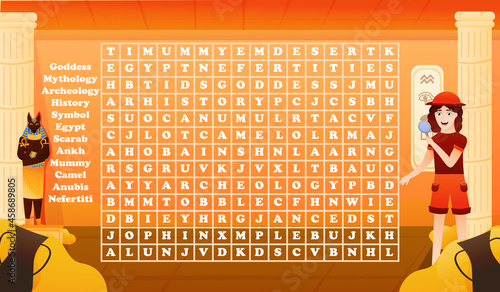 Ancient egypt word search riddle for kids with girl archeologist inside pyramide, colourful printable worksheet