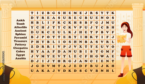 Ancient egypt word search riddle for kids with girl archeologist inside pyramide searching for treasure