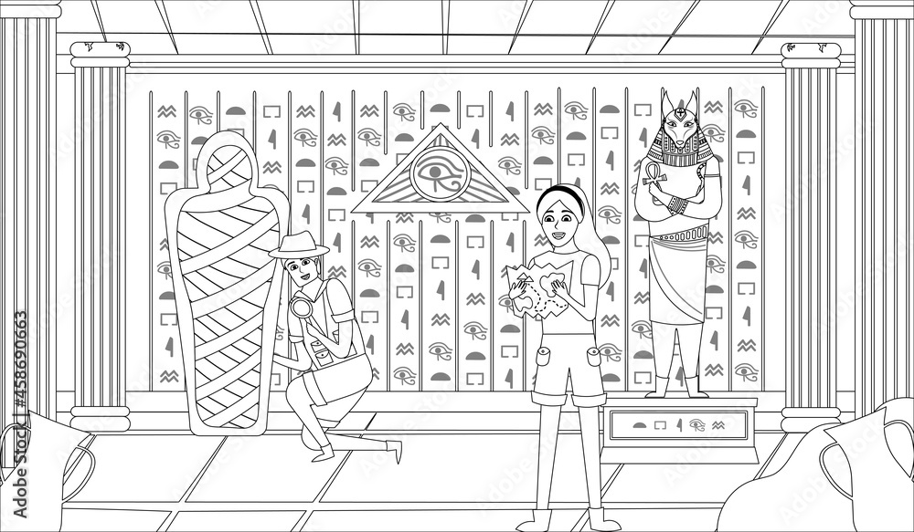 Ancient Egypt pyramide inside interior with columns and symbols,coloring book page for kids and adults