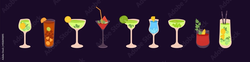 Set of popular tropical alcohol drinks, cocktails. Variety of summer iced hard and light alcoholic beverages with fresh fruits and straws. Classic party refreshments. Colored flat vector illustration Set of popular tropical alcohol drinks, cocktails. Variety of summer iced hard and light alcoholic beverages with fresh fruits and straws. Classic party refreshments. Colored flat vector illustration