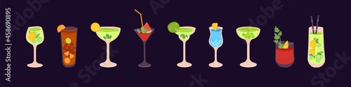 Set of popular tropical alcohol drinks, cocktails. Variety of summer iced hard and light alcoholic beverages with fresh fruits and straws. Classic party refreshments. Colored flat vector illustration