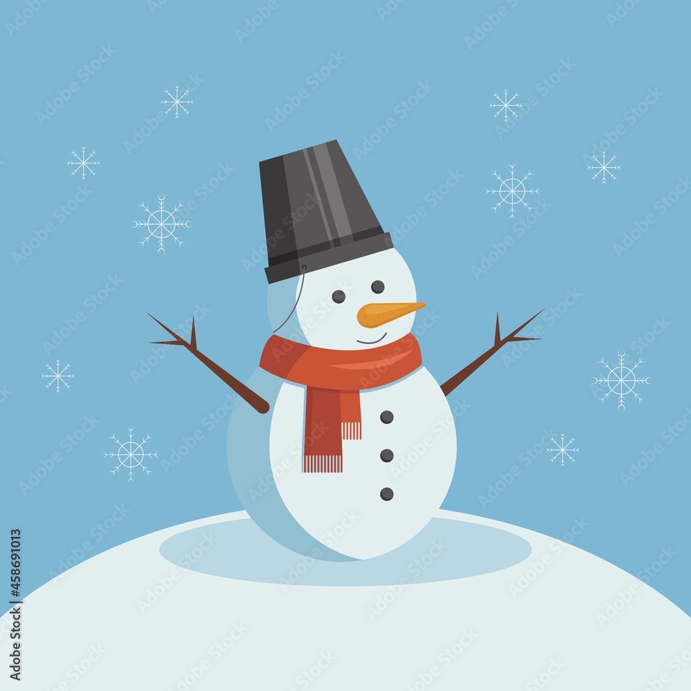 Snowman with a bucket on his head and a red scarf. Vector illustration in flat style.