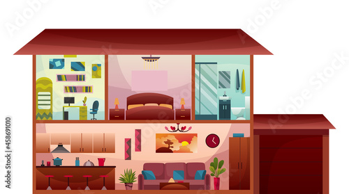 Two-storey cottage house cross section interior. Modern cottage with living room and kitchen on first floor, bathroom and bedroom upstairs, attic child room. Real estate concept