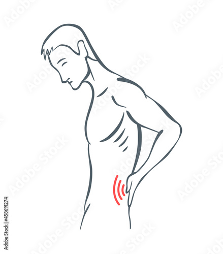 Body part pain. Man feels pain in back of body marked with red lines. Vector foci of pain or trauma symbols, grey art line illustration