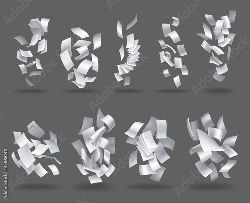 Collection of realistic falling paper sheets. Set of flying curved leaves of paper. Vector loose soar of notes with curled edges. Fly scattered notes, empty chaotic paperwork