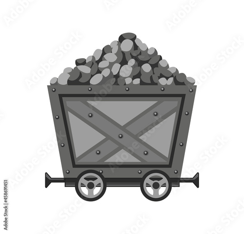 Metal mine cart loaded with stones or coal. Cartoon mine trolley. Vector design illustration isolated on white background