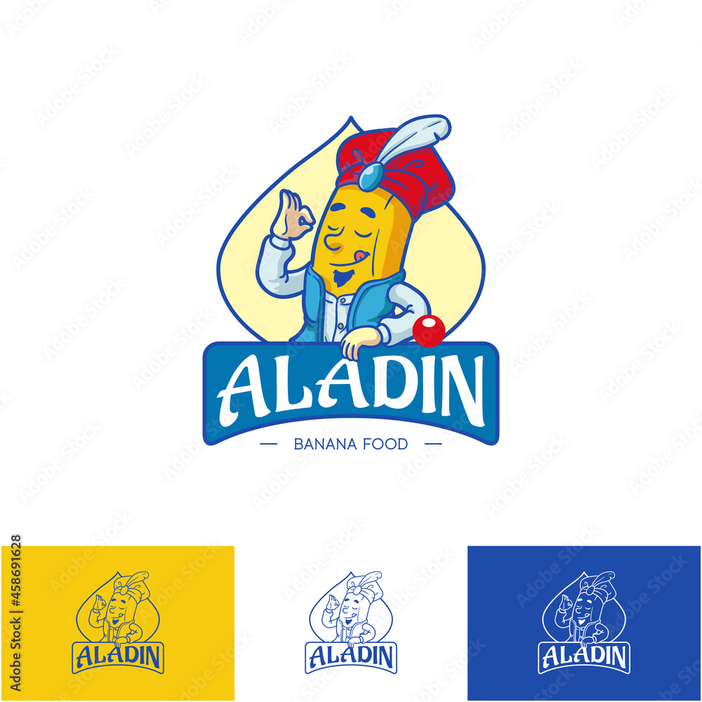 Aladin Banana Food Logo, fresh yellow sticker Vector Icon Illustration, Fruit Concept Isolated, Flat Outline Cartoon Style for chips stick cake bread 2