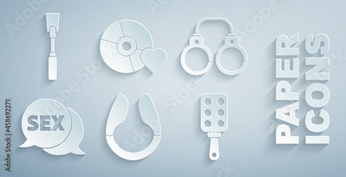 Set Dildo vibrator, Sexy fluffy handcuffs, Speech bubble with, Spanking paddle, Adult label on compact disc and Leather whip icon. Vector