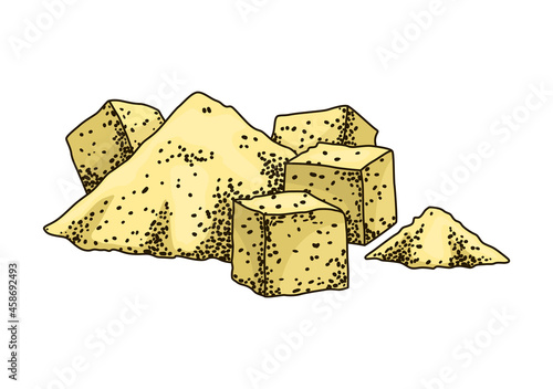 Cane sugar. Product from sugarcane plant. Engraving hand drawn natural organic food or natural ingredient. Fresh sugar in heap and cubes