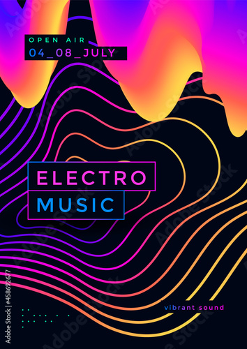 Electronic Music festival poster with abstract gradient line and decoration elements. Modern club party flyer. Sound cover design with neon colors.