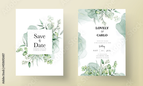 elegant eucalyptus leaves watercolor wedding invitation card