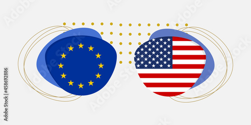 EU and USA flags. American and European Union symbols with abstract background and geometric shapes. Vector illustration.