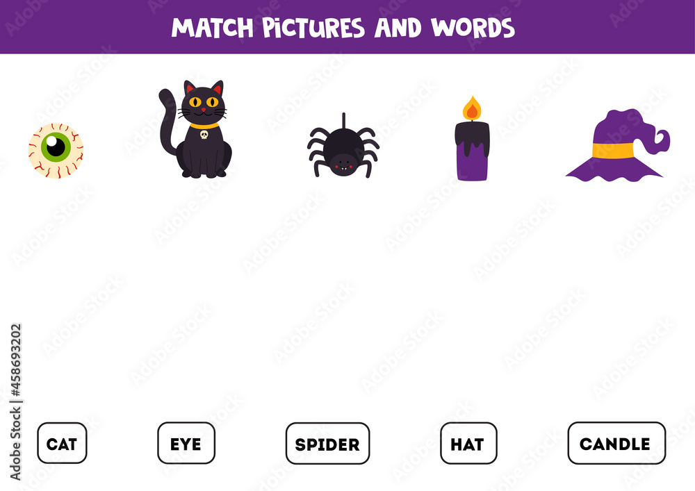 Matching Halloween objects and words. Educational game for kids.