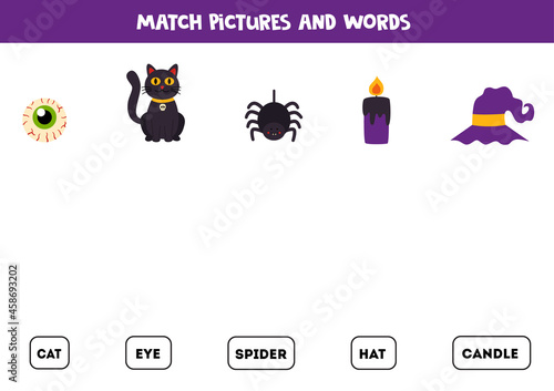 Matching Halloween objects and words. Educational game for kids.