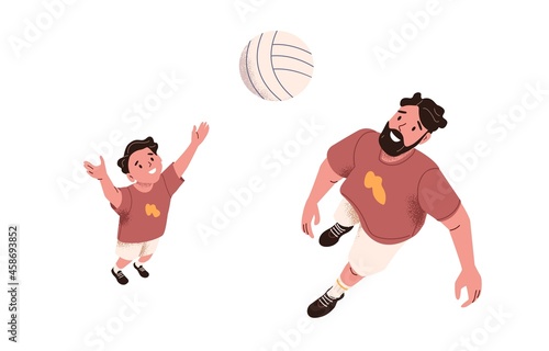 Father playing with son. Happy dad and child tossing ball together. Active daddy and boy kid during bonding outdoor leisure activity. Flat vector illustration isolated on white background