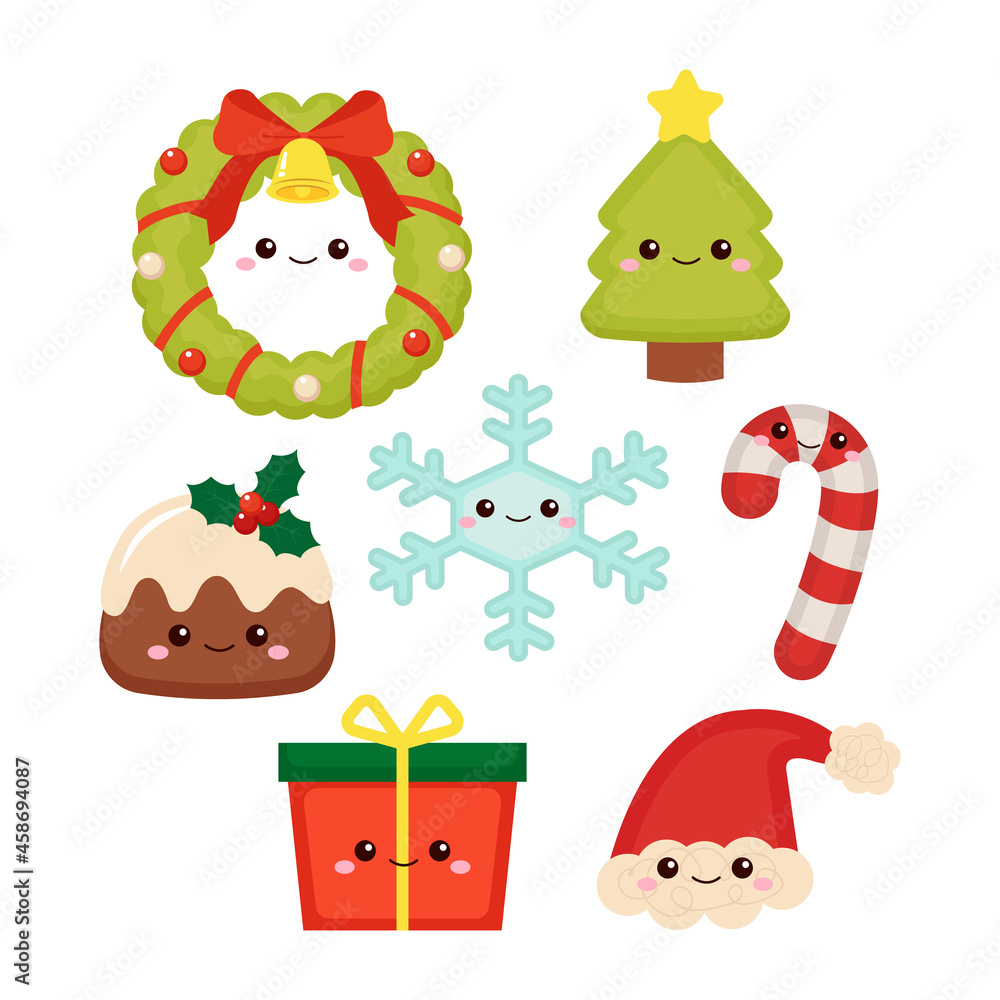 Obraz premium Kawaii Christmas objects decoration set. Flat vector cartoon style