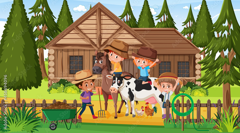 Naklejka premium Wooden house in nature scene with many children and farm animals