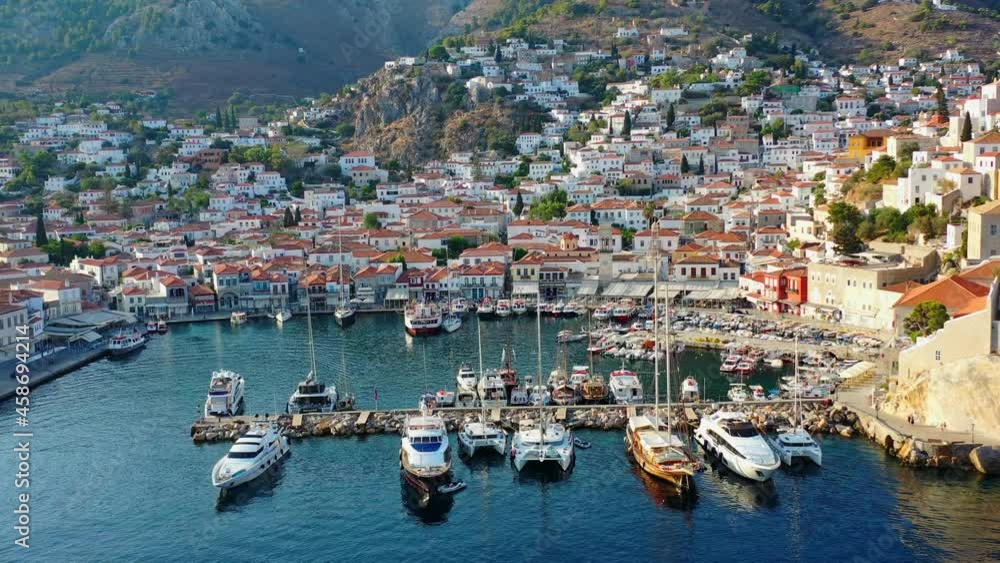 Aerial view of Hydra old town and marina or seaport, Greece - drone videography Aerial view of Hydra old town and marina or seaport, Greece - drone videography