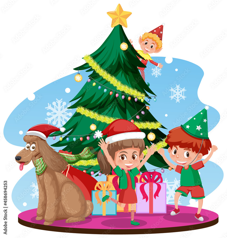 Santa Claus with happy children and Christmas tree Santa Claus with happy children and Christmas tree