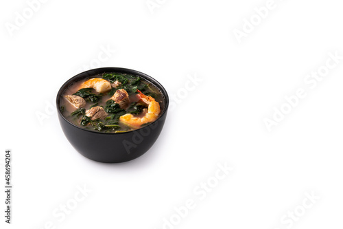 Beef,okra stew and spinach soup in bowl isolated on white background. Copy space