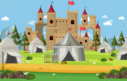 Military medieval camp with tents and castle