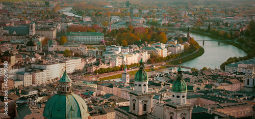 Photography Beautiful view of Salzburg skyline with Festung Hohensalzburg and Salzach river