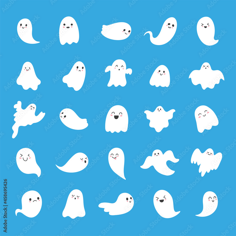 Cute Halloween ghost collection. Cartoon scary ghostly characters set. Fun spooky monsters