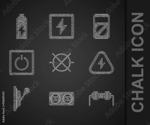 Set Electric circuit scheme, Electrical outlet, Resistor electricity, High voltage, panel, light switch, Multimeter and Battery icon. Vector