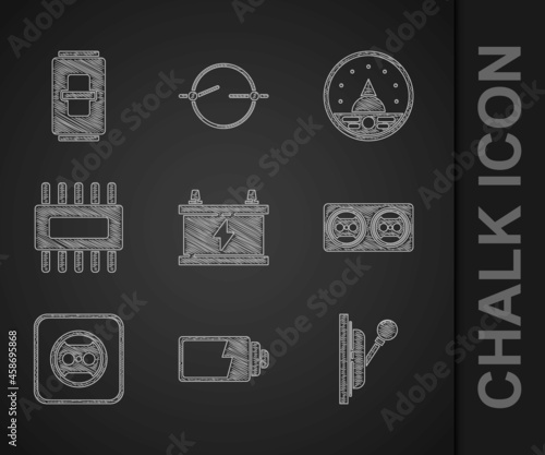 Set Car battery, Battery charge level indicator, Electrical panel, outlet, Processor with microcircuits CPU, Ampere meter, multimeter, voltmeter and light switch icon. Vector