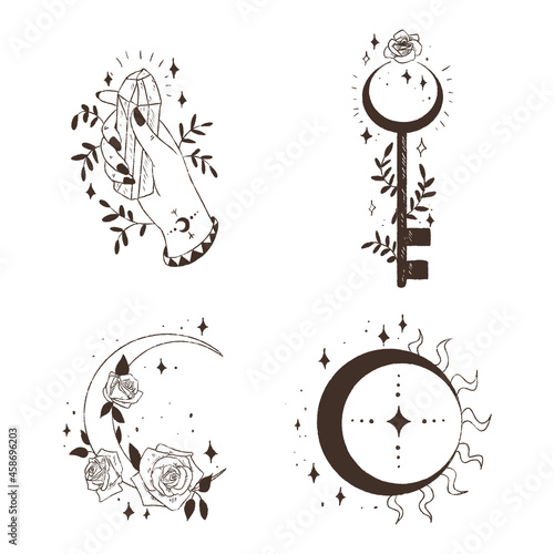 Mystical signs. Moon and crystals. Illustrations for astrology. Illustrations for tattoos. 4 separate illustrations.