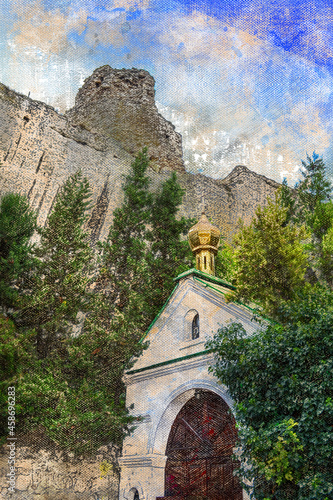 Christian church at the foot of the mountain. A small white church with golden domes. Orthodox faith. Digital watercolor painting