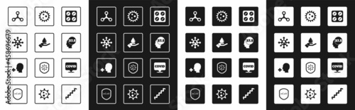 Set Pills in blister pack, Washing hands with soap, Virus, High human body temperature, Corona virus covid-19 on location and Man coughing icon. Vector