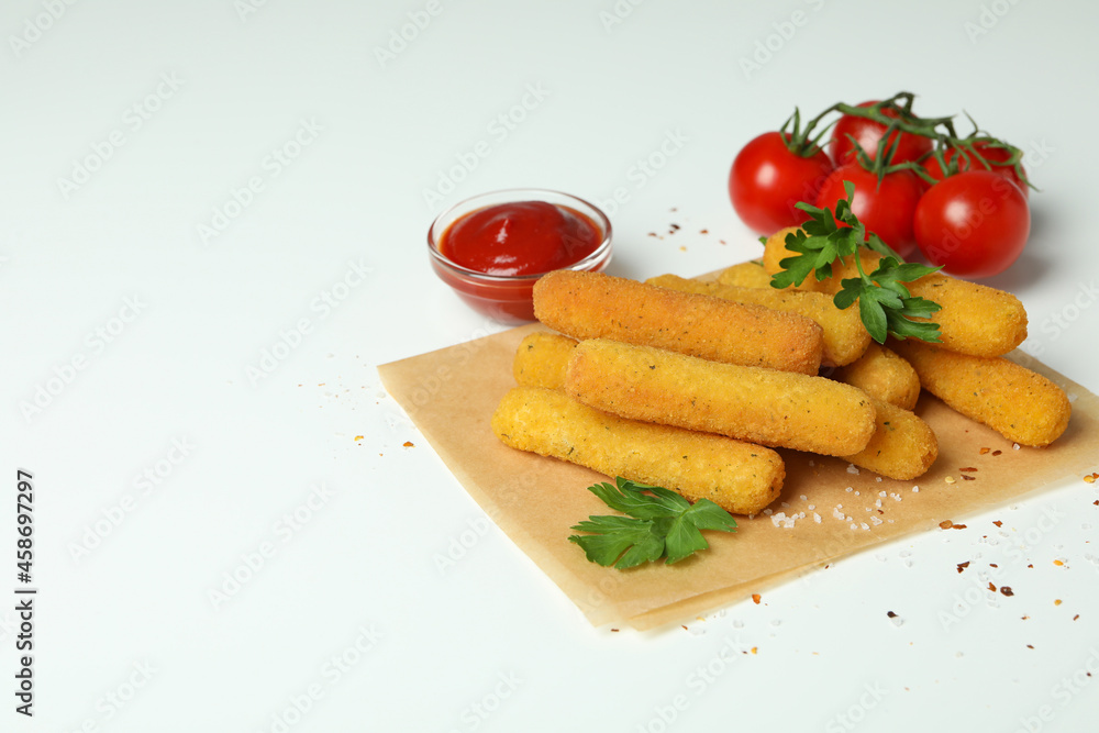 Concept of tasty food with cheese sticks on white background Concept of tasty food with cheese sticks on white background