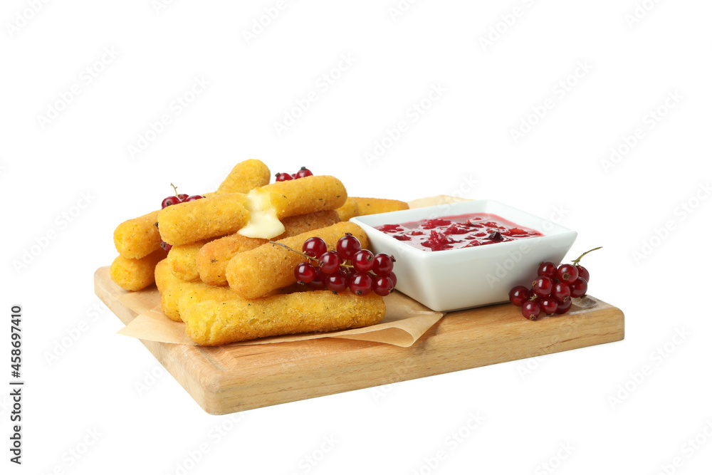 Board with tasty cheese sticks isolated on white background Board with tasty cheese sticks isolated on white background