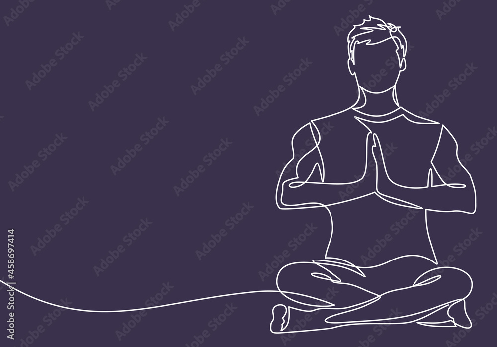 Continuous line art or one line drawing of man doing exercise in yoga pose. Sitting with cross leg. Yoga lotus pose. Continuous line art or one line drawing of man doing exercise in yoga pose. Sitting with cross leg. Yoga lotus pose.