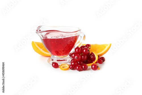 Cranberry sauce and ingredients isolated on white background