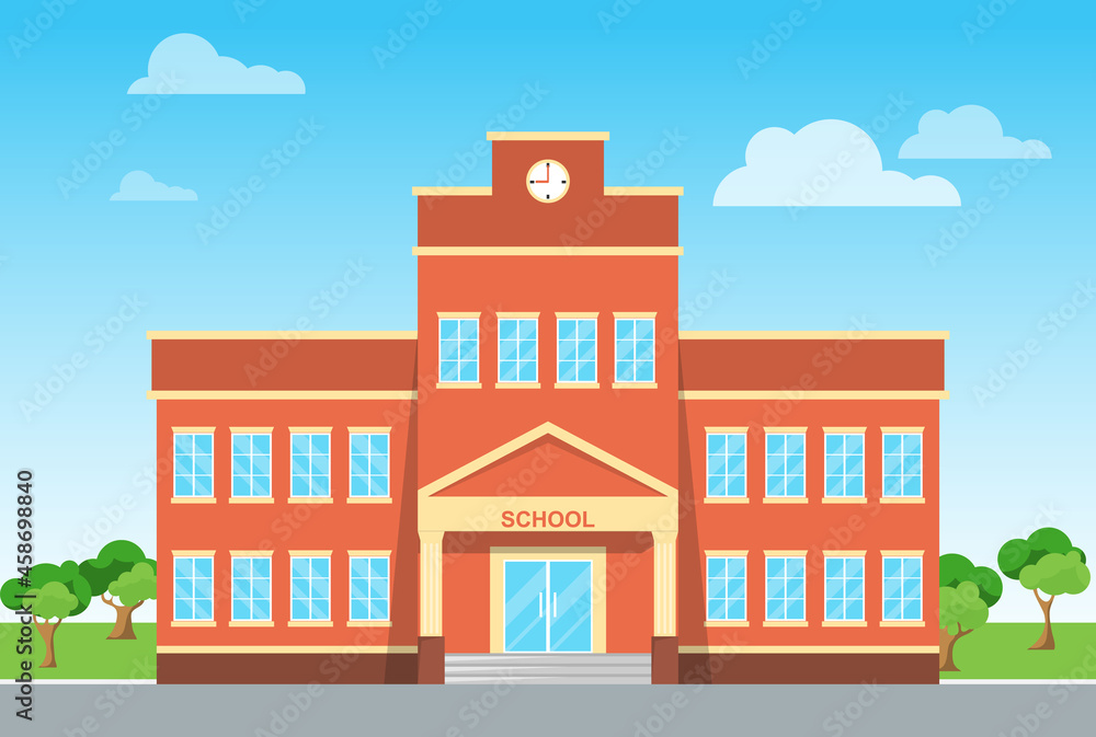 Fototapeta premium School building, primary school facade against the background of a natural landscape. Vector, cartoon illustration. Vector.