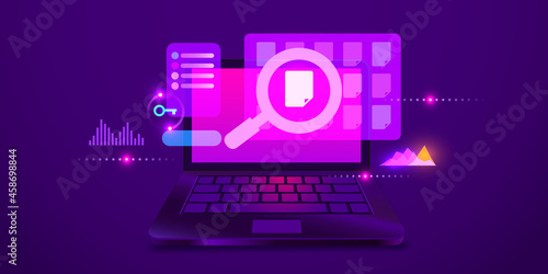 Searching file or data on laptop. Modern futuristic background.