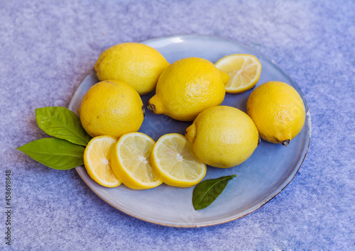 Fresh Yellow Lemons in a Dish .Top View.