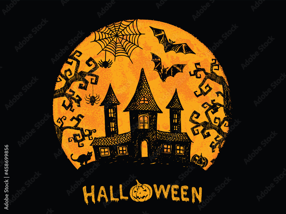 Halloween horror night vector background. Hand drawn illustration.	
