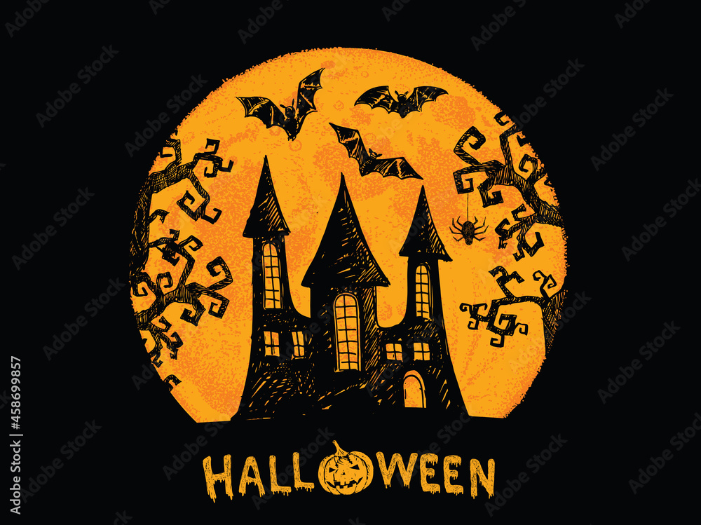 Halloween horror night vector background. Hand drawn illustration.	
