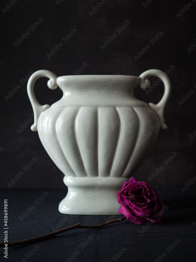 Ceramic vintage vase with dry red flower on black background