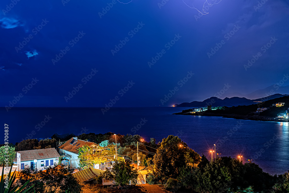 Utjeha Beach on the Adriatic coast in Montenegro by night.