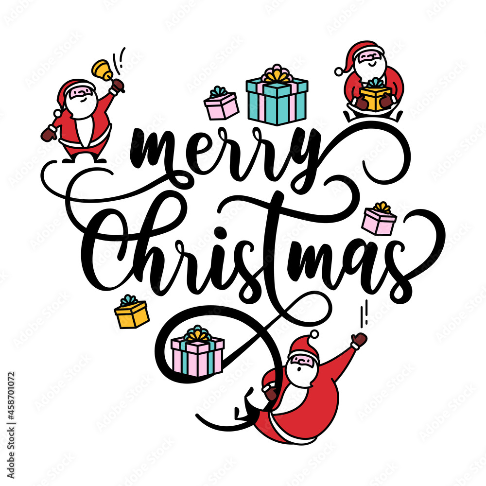 Naklejka premium Santa Claus with gifts and ringing the bell. Merry Christmas. Hand drawn lettering calligraphy for greetings card