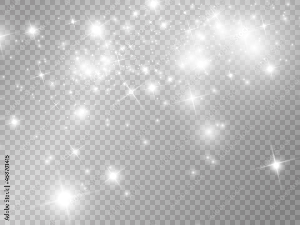 White sparks and golden stars glitter special light effect. Vector sparkles on transparent background. Christmas abstract pattern. Sparkling magic dust particles White sparks and golden stars glitter special light effect. Vector sparkles on transparent background. Christmas abstract pattern. Sparkling magic dust particles