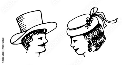 Hand-drawn simple vector drawing in black outline. Lady and gentleman in vintage hats. Historical fashion. Ink sketch.