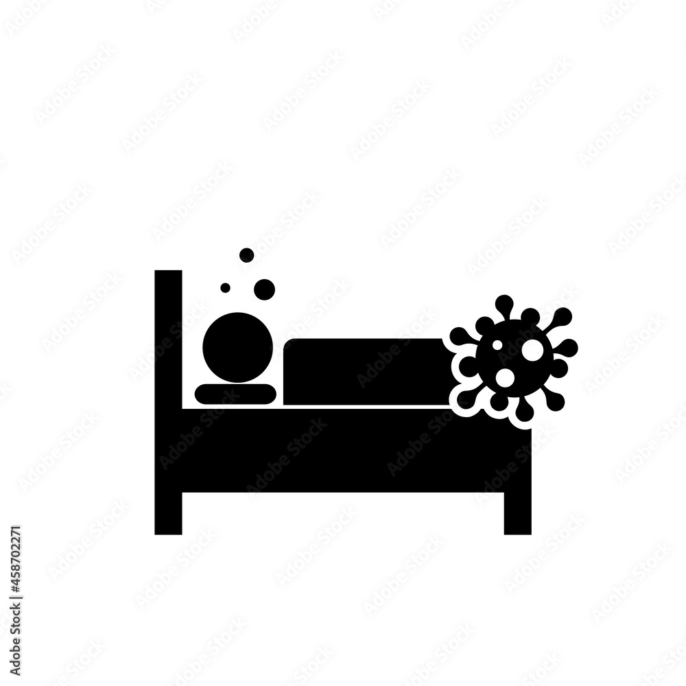 Patient with virus lying on hospital bed icon isolated on white background Patient with virus lying on hospital bed icon isolated on white background